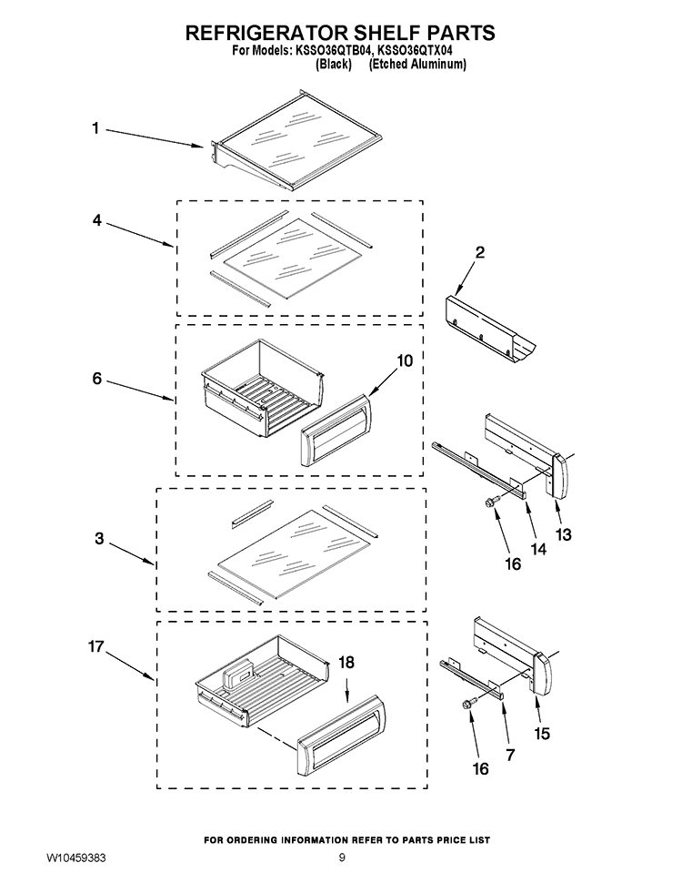 REFRIGERATOR SHELF PARTS Diagram and Parts List for KSSO36QTB04  KitchenAid Refrigerator