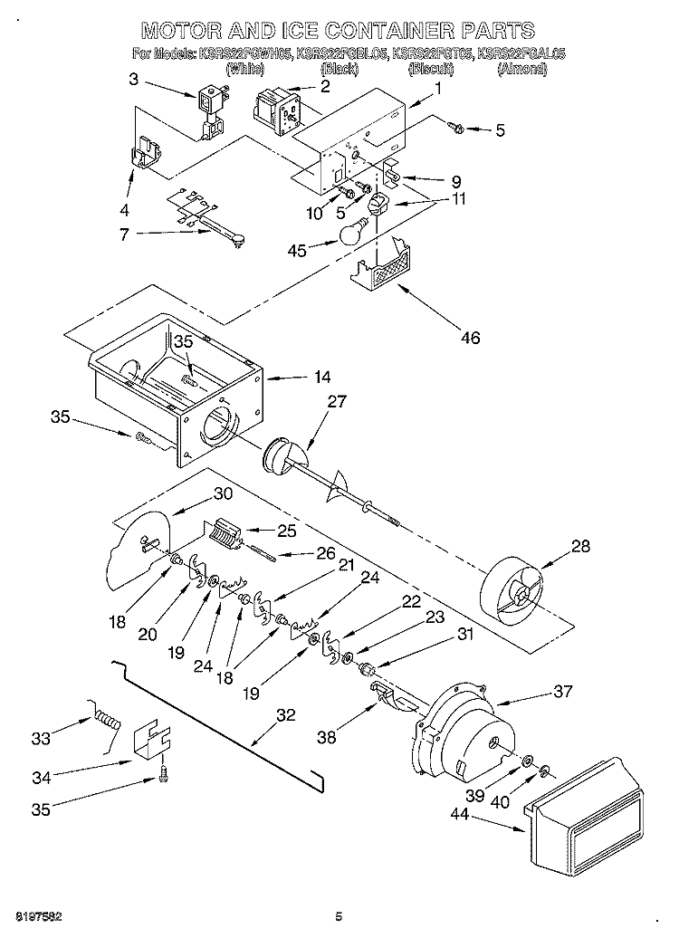 MOTOR AND ICE CONTAINER Diagram and Parts List for KSRS22FGBL05  KitchenAid Refrigerator