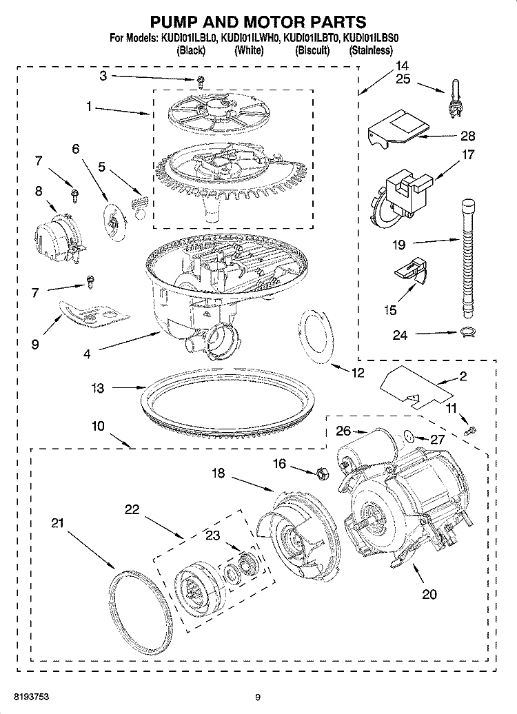 PUMP AND MOTOR PARTS Diagram and Parts List for KUDI01ILBL0  KitchenAid Dishwasher