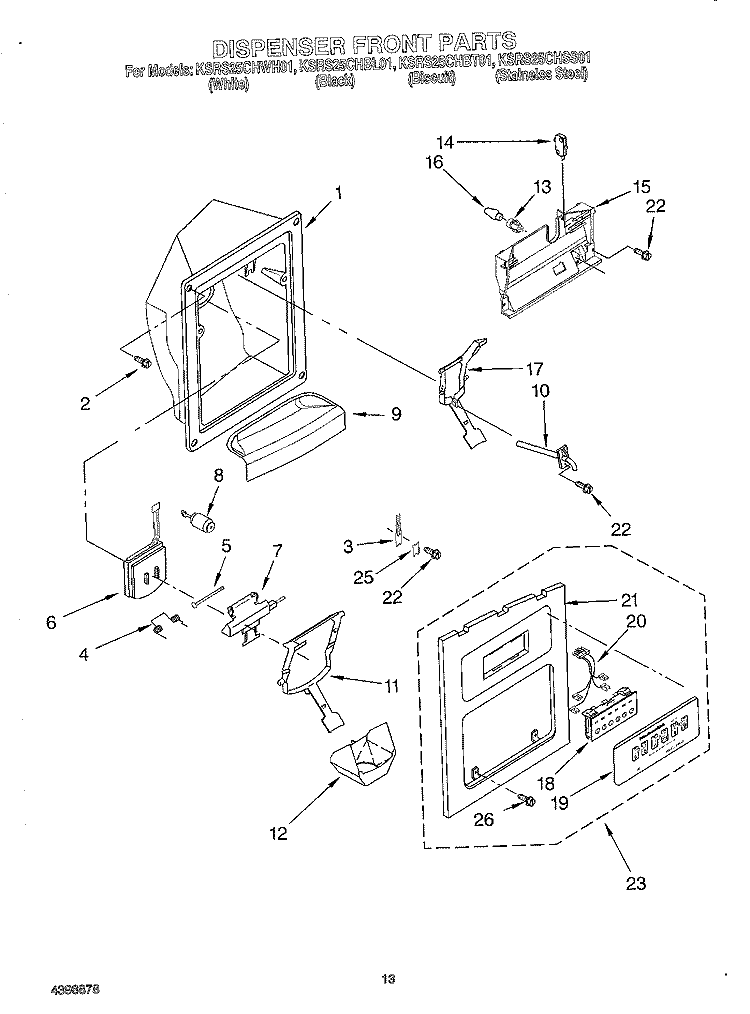 DISPENSER FRONT Diagram and Parts List for KSRS25CHWH01  KitchenAid Refrigerator