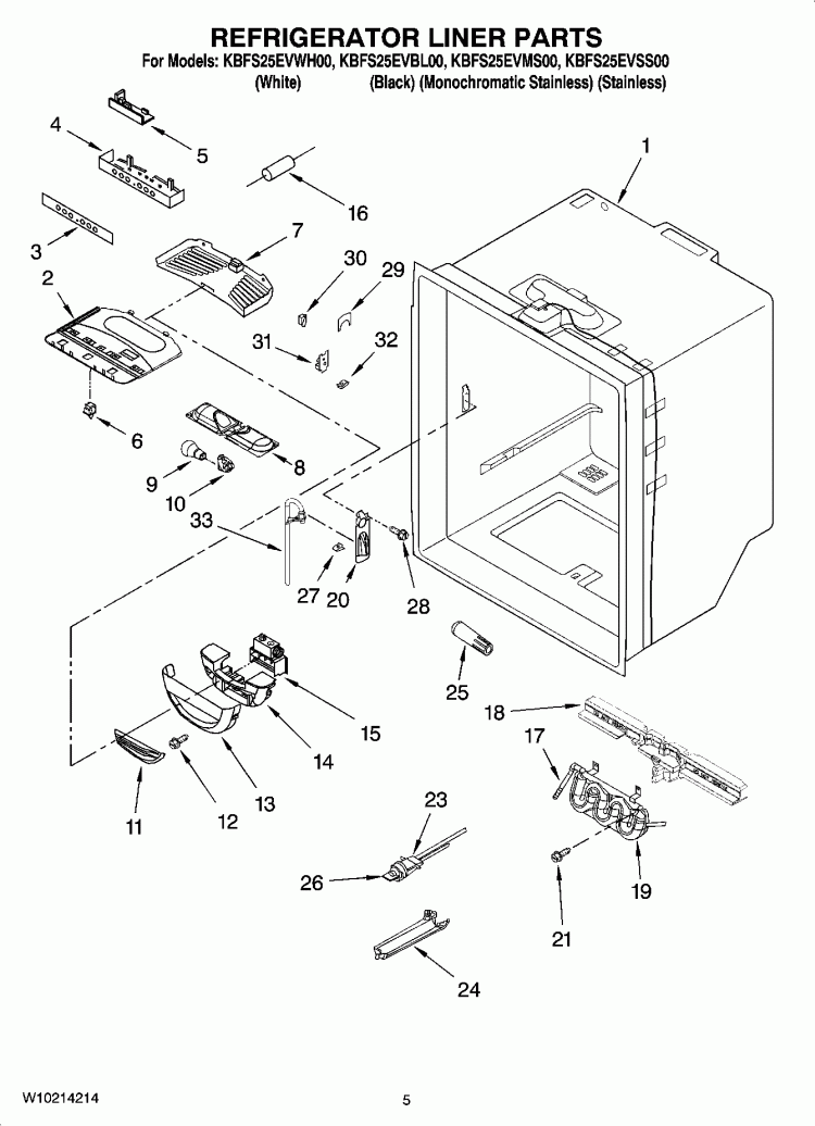 REFRIGERATOR LINER PARTS Diagram and Parts List for KBFS25EVMS00  KitchenAid Refrigerator