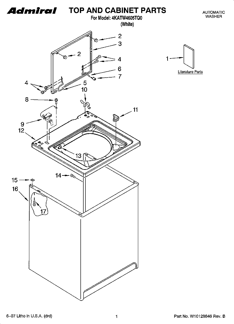 TOP AND CABINET PARTS Diagram and Parts List for 4KATW4605TQ0  KitchenAid Washer