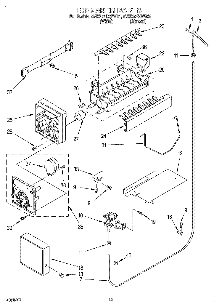 ICEMAKER, OPTIONAL Diagram and Parts List for 4YED27DQFN01  Whirlpool Refrigerator