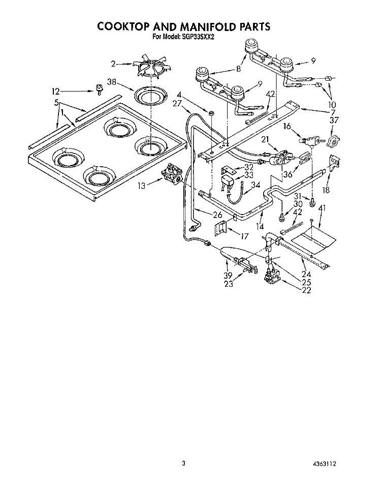 COOKTOP AND MANIFOLD Diagram and Parts List for SGP335XX2  Roper Range