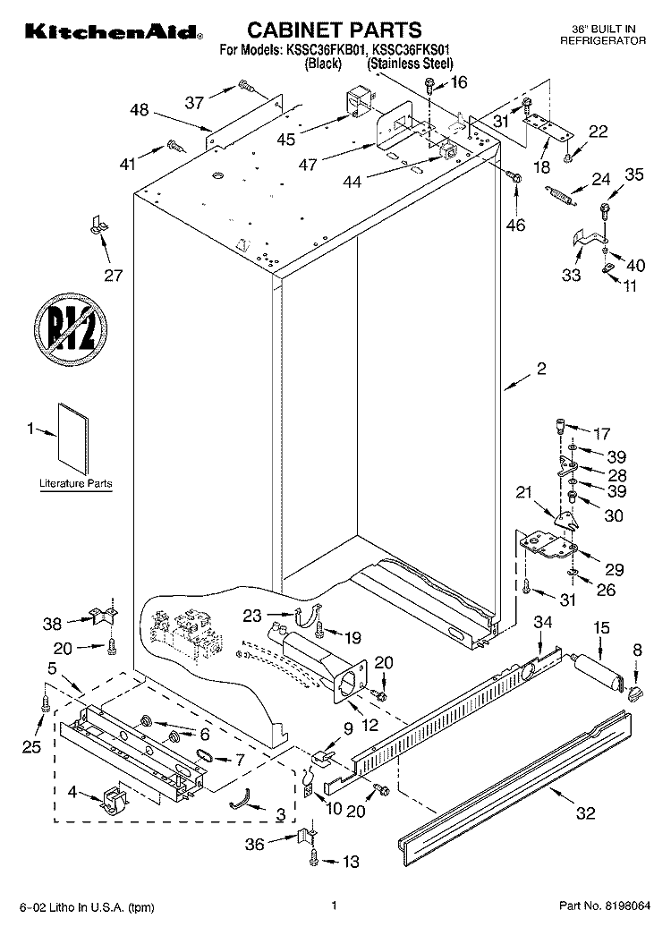 CABINET, LITERATURE Diagram and Parts List for KSSC36FKS01  KitchenAid Refrigerator