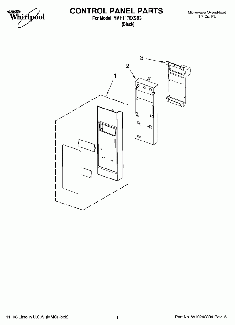 CONTROL PANEL PARTS Diagram and Parts List for YMH1170XSB3  Whirlpool Microwave