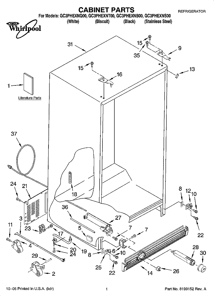 CABINET PARTS Diagram and Parts List for GC3PHEXNT00  Whirlpool Refrigerator