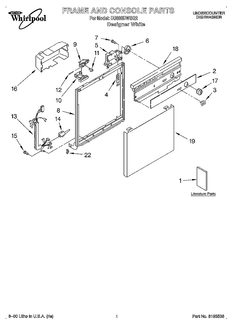 FRAME AND CONSOLE, LITERATURE Diagram and Parts List for DU800DWGQ2  Whirlpool Dishwasher
