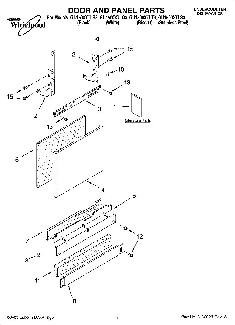DOOR AND PANEL PARTS Diagram and Parts List for GU1500XTLQ3  Whirlpool Dishwasher