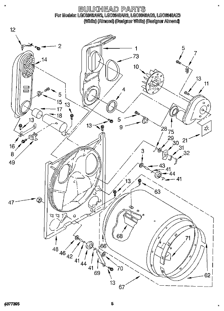 BULKHEAD Diagram and Parts List for LGC6848AW3  Whirlpool Dryer