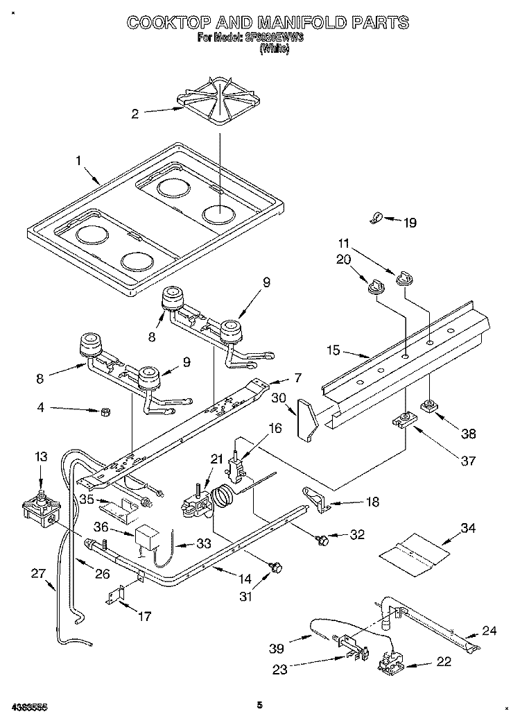COOKTOP AND MANIFOLD, LIT/OPTIONAL Diagram and Parts List for SF3020EWW3  Whirlpool Range