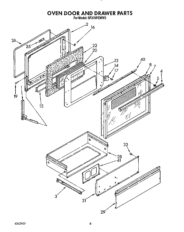OVEN DOOR AND DRAWER Diagram and Parts List for SF376PEWW3  Whirlpool Range