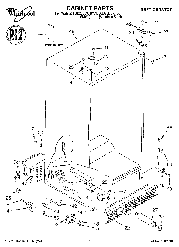 CABINET, LITERATURE Diagram and Parts List for 6GD25DCXHS01  Whirlpool Refrigerator
