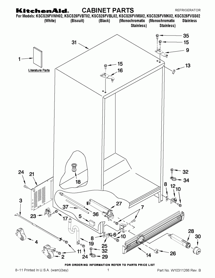 CABINET PARTS Diagram and Parts List for KSCS25FVBT02  KitchenAid Refrigerator