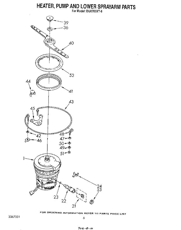 HEATER, PUMP AND LOWER SPRAYARM Diagram and Parts List for DU8700XT0  Whirlpool Dishwasher