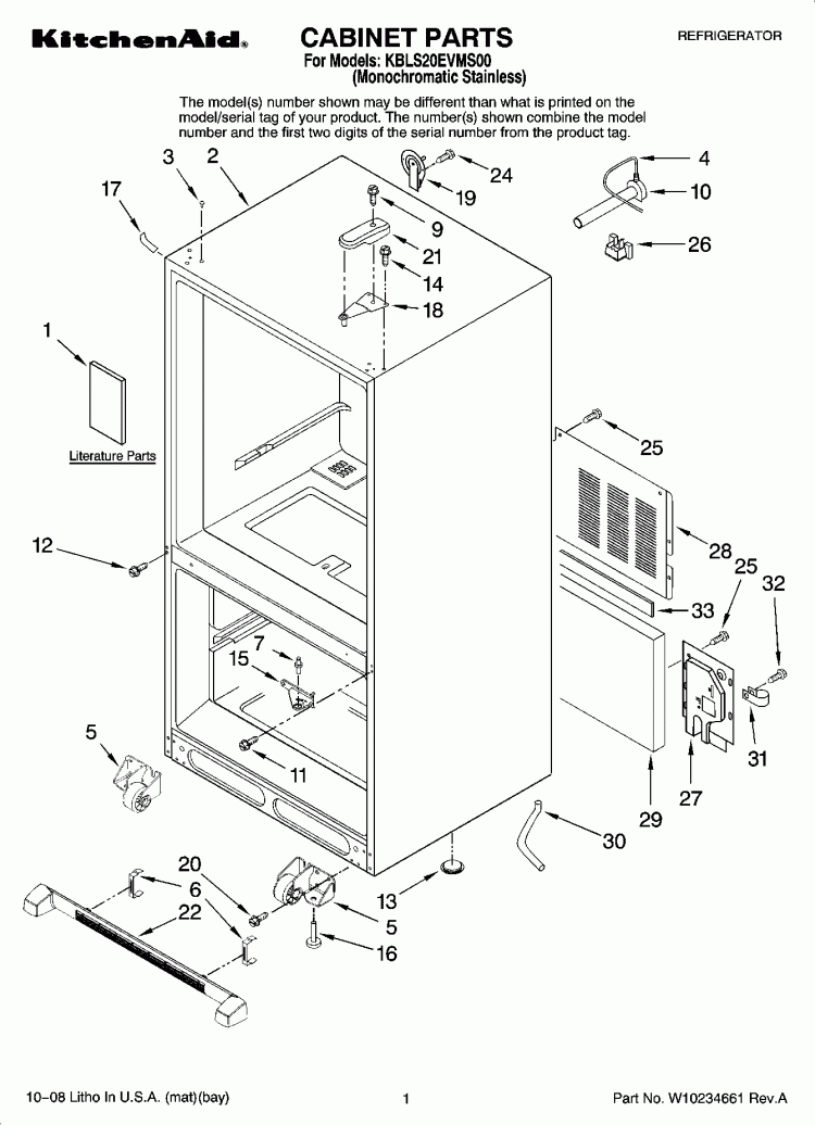 CABINET PARTS Diagram and Parts List for KBLS20EVMS00  KitchenAid Refrigerator