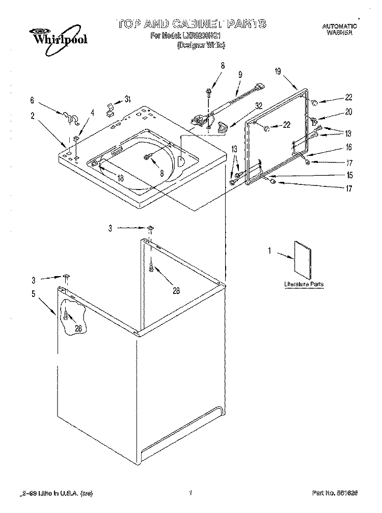 TOP AND CABINET, LITERATURE Diagram and Parts List for LXR9200HQ1  Whirlpool Washer