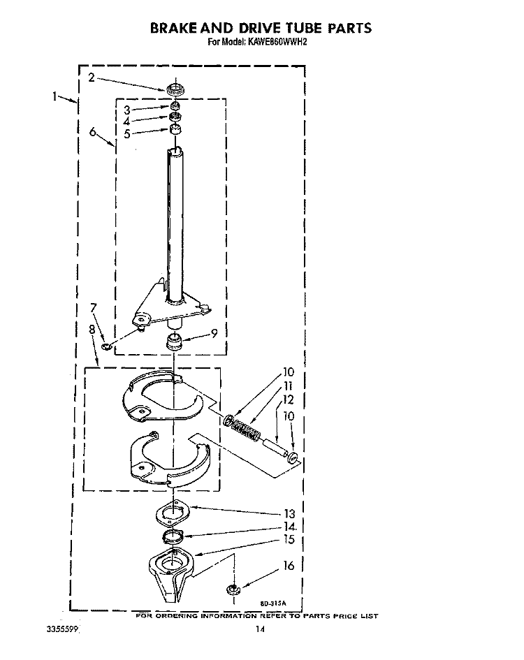 BRAKE AND DRIVE TUBE Diagram and Parts List for KAWE860WWH2  KitchenAid Washer