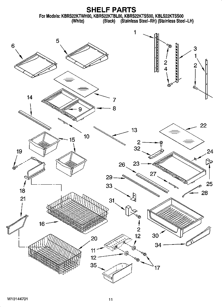 SHELF PARTS Diagram and Parts List for KBRS22KTSS00  KitchenAid Refrigerator