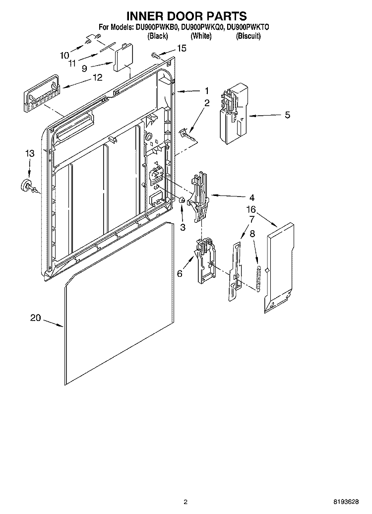 INNER DOOR Diagram and Parts List for DU900PWKB0  Whirlpool Dishwasher