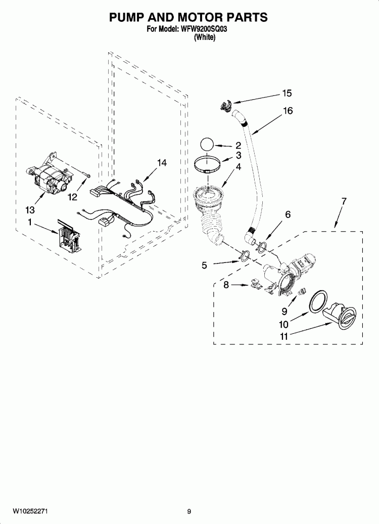 PUMP AND MOTOR PARTS Diagram and Parts List for WFW9200SQ03  Whirlpool Washer