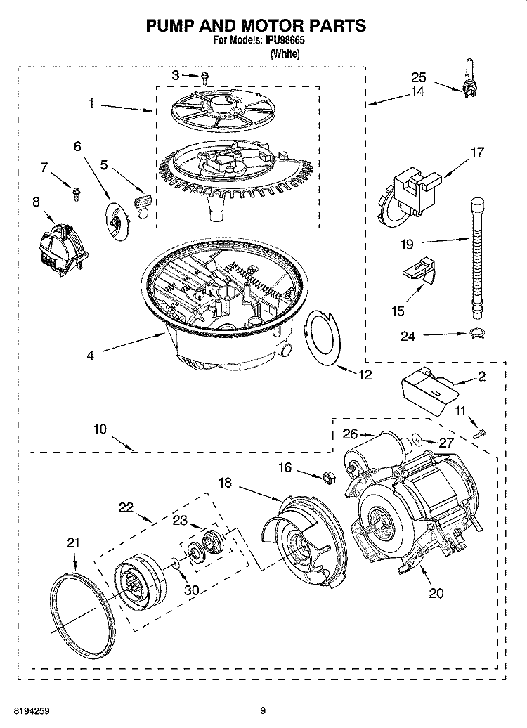 PUMP AND MOTOR PARTS Diagram and Parts List for IPU98665  Inglis Dishwasher