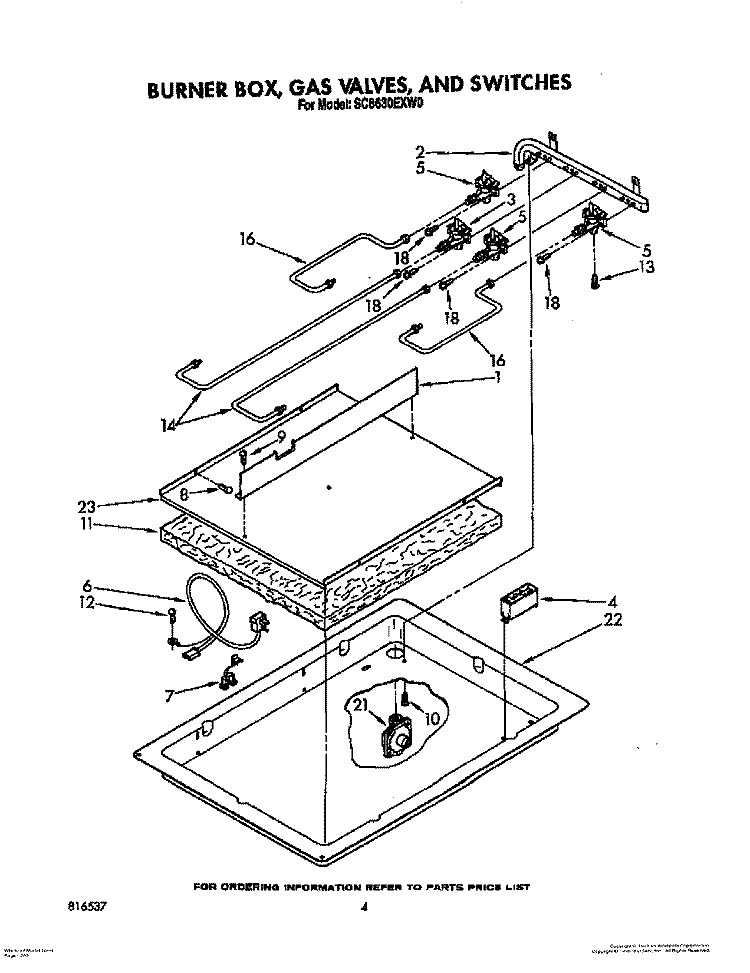 BURNER BOX, GAS VALVES, AND SWITCHES Diagram and Parts List for SC8630EXW0  Whirlpool Cooktop