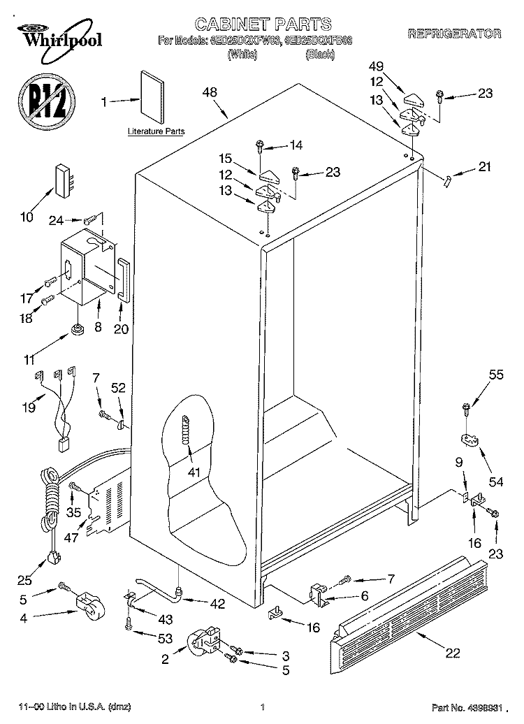 CABINET, LITERATURE Diagram and Parts List for 6ED25DQXFB03  Whirlpool Refrigerator