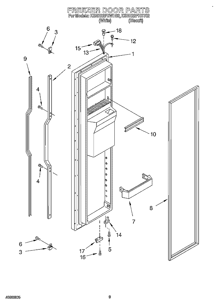 FREEZER DOOR Diagram and Parts List for KSRE22FHBT02  KitchenAid Refrigerator