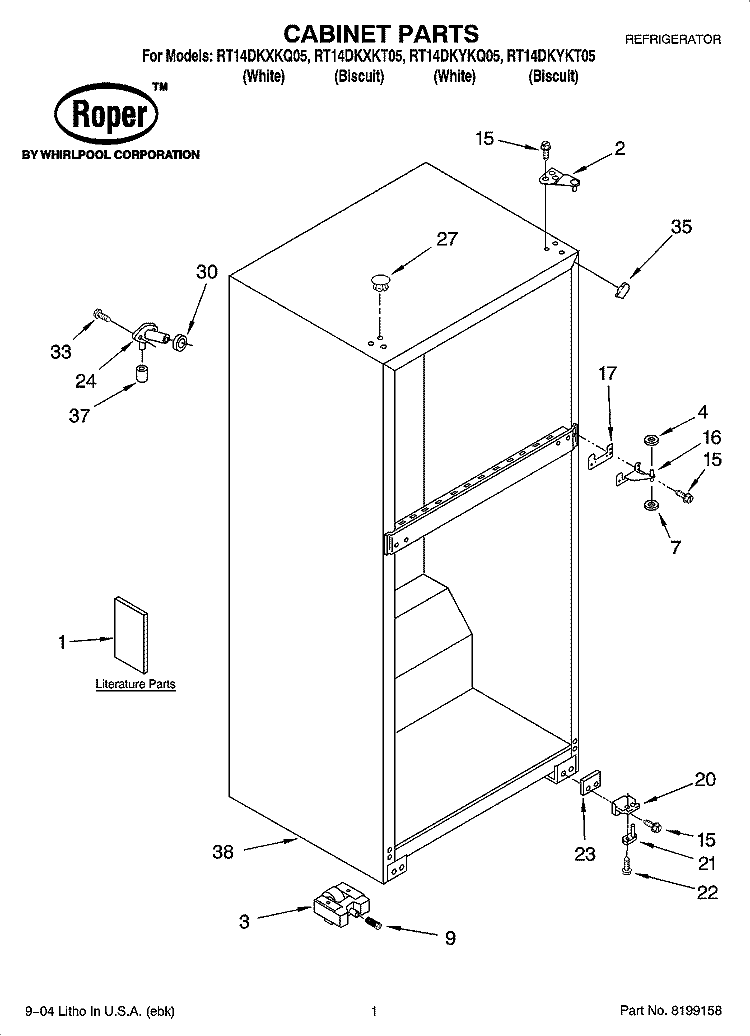 CABINET PARTS Diagram and Parts List for RT14DKXKT05  Roper Refrigerator