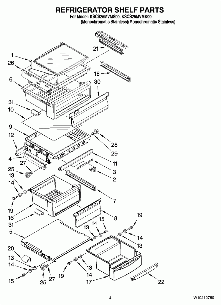 REFRIGERATOR SHELF PARTS Diagram and Parts List for KSCS25MVMK00  KitchenAid Refrigerator