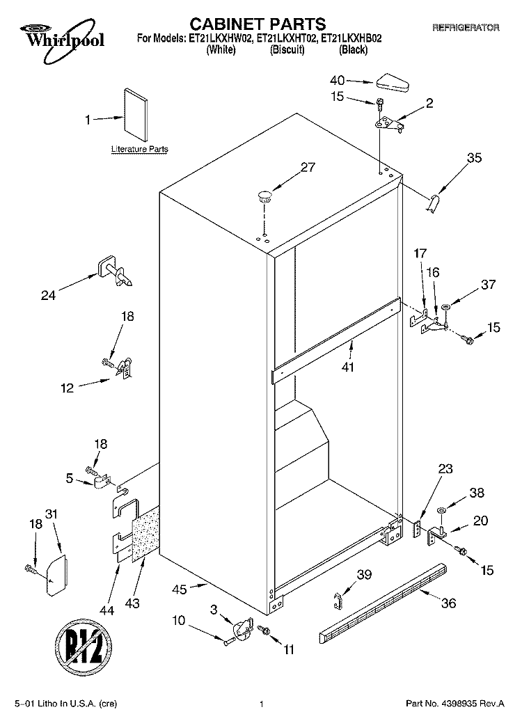 CABINET, LITERATURE Diagram and Parts List for ET21LKXHT02  Whirlpool Refrigerator