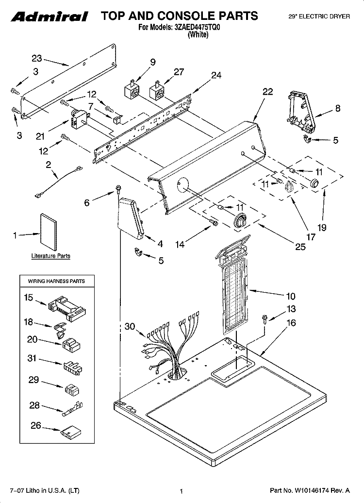 TOP AND CONSOLE PARTS Diagram and Parts List for 3ZAED4475TQ0  Admiral Dryer