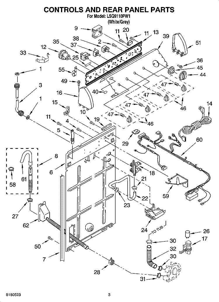 CONTROLS AND REAR PANEL PARTS Diagram and Parts List for LSQ9110PW1  Whirlpool Washer