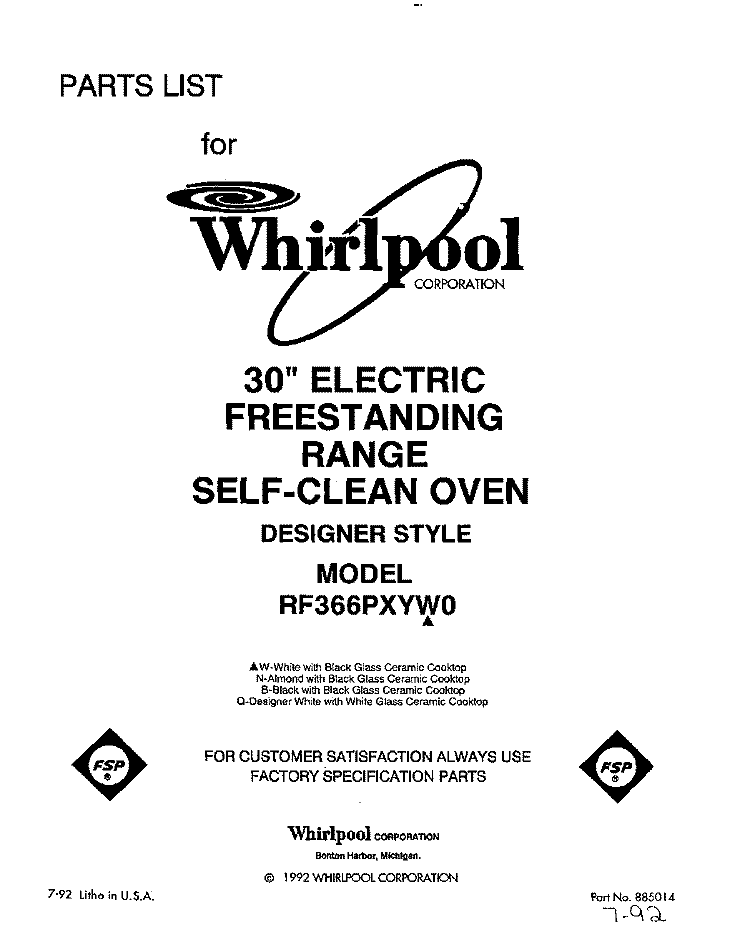 FRONT CVOER Diagram and Parts List for RF366PXYB0  Whirlpool Range
