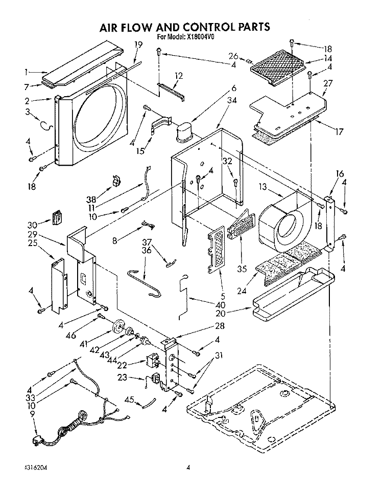 AIR FLOW AND CONTROL Diagram and Parts List for X18004V0  Roper Air Conditioner