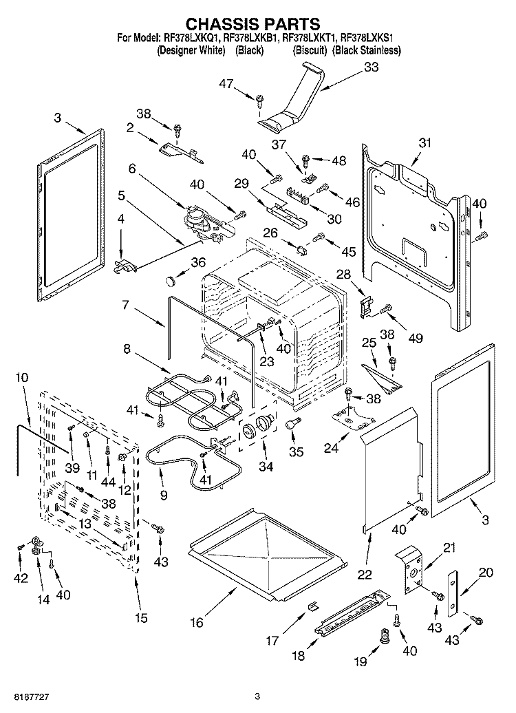 CHASSIS PARTS Diagram and Parts List for RF378LXKT1  Whirlpool Range
