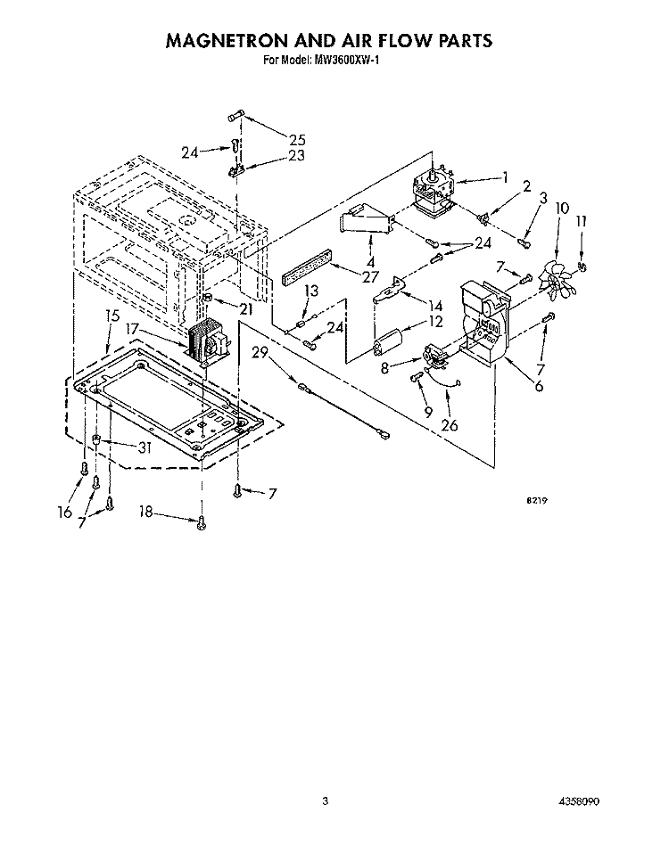 MAGNETRON AND AIR FLOW Diagram and Parts List for MW3600XW1  Whirlpool Microwave