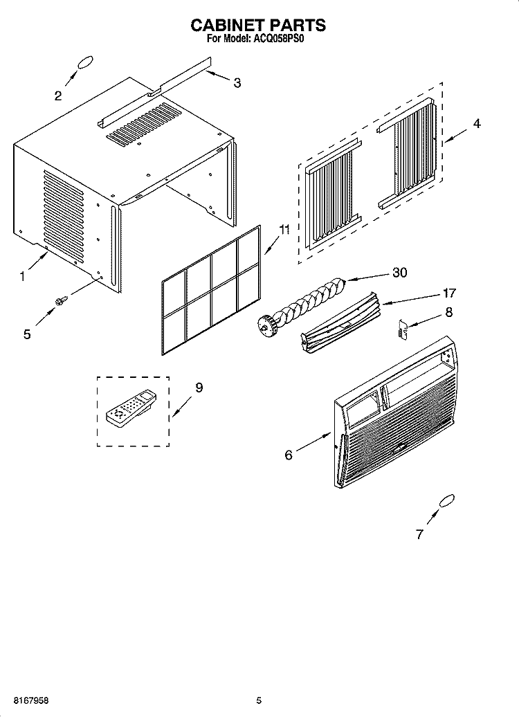 CABINET PARTS Diagram and Parts List for ACQ058PS0  Whirlpool Air Conditioner
