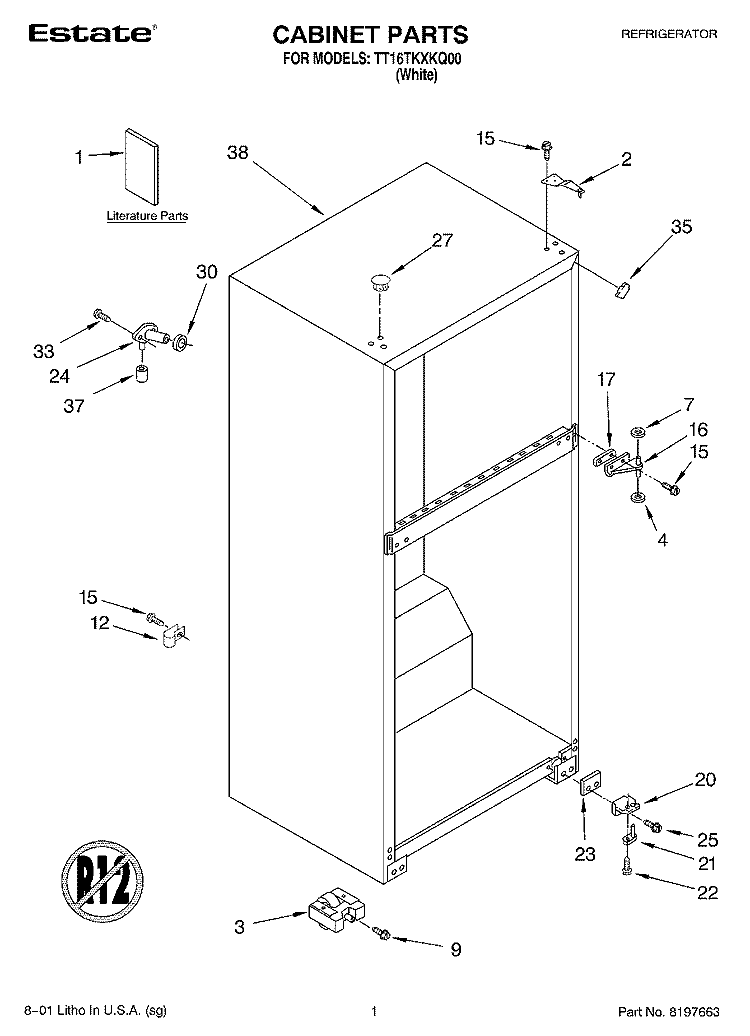 CABINET, LITERATURE Diagram and Parts List for TT16TKXKQ00  Estate Refrigerator