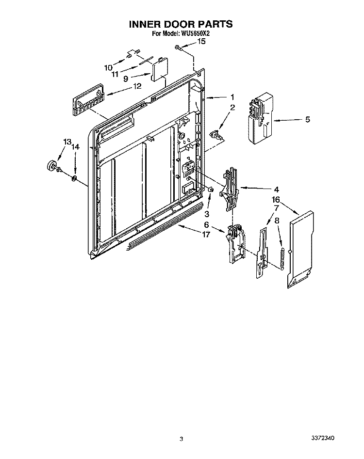 INNER DOOR Diagram and Parts List for WU5650X2  Roper Dishwasher
