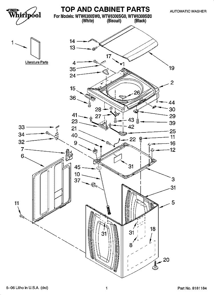 TOP AND CABINET PARTS Diagram and Parts List for WTW6300SB0  Whirlpool Washer