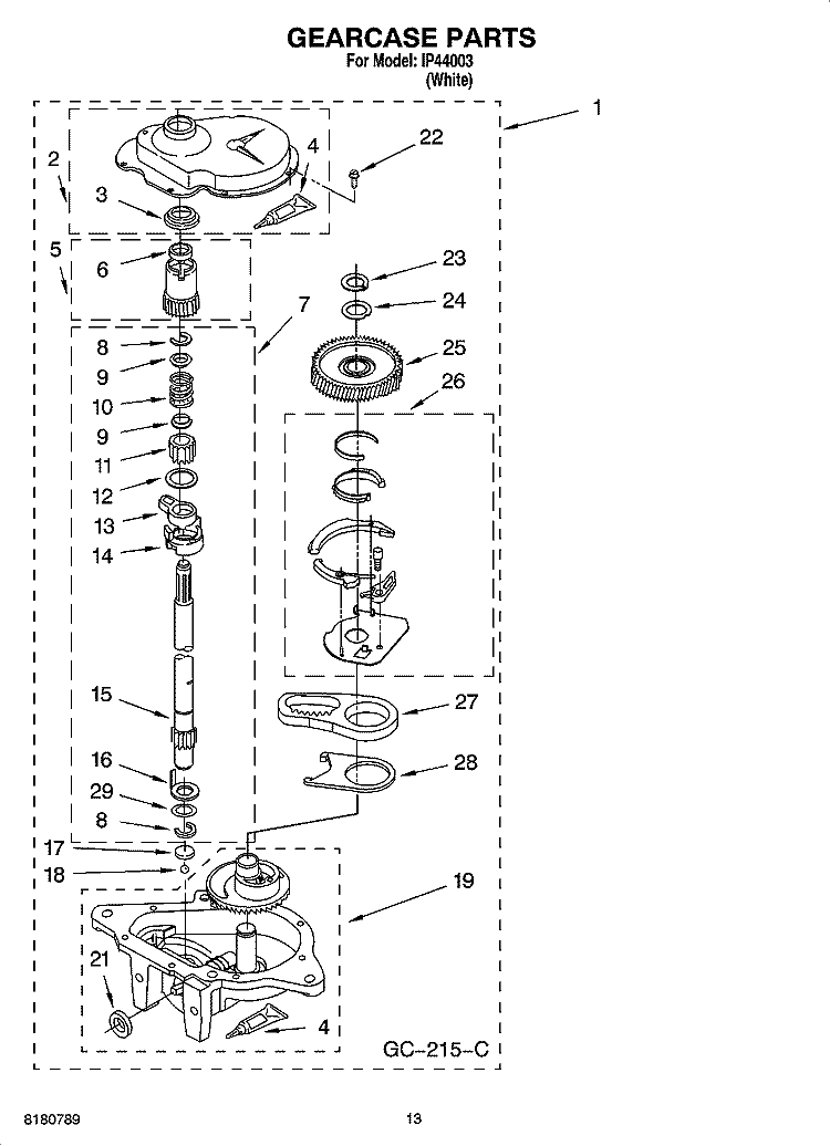 GEARCASE PARTS Diagram and Parts List for IP44003  Inglis Washer