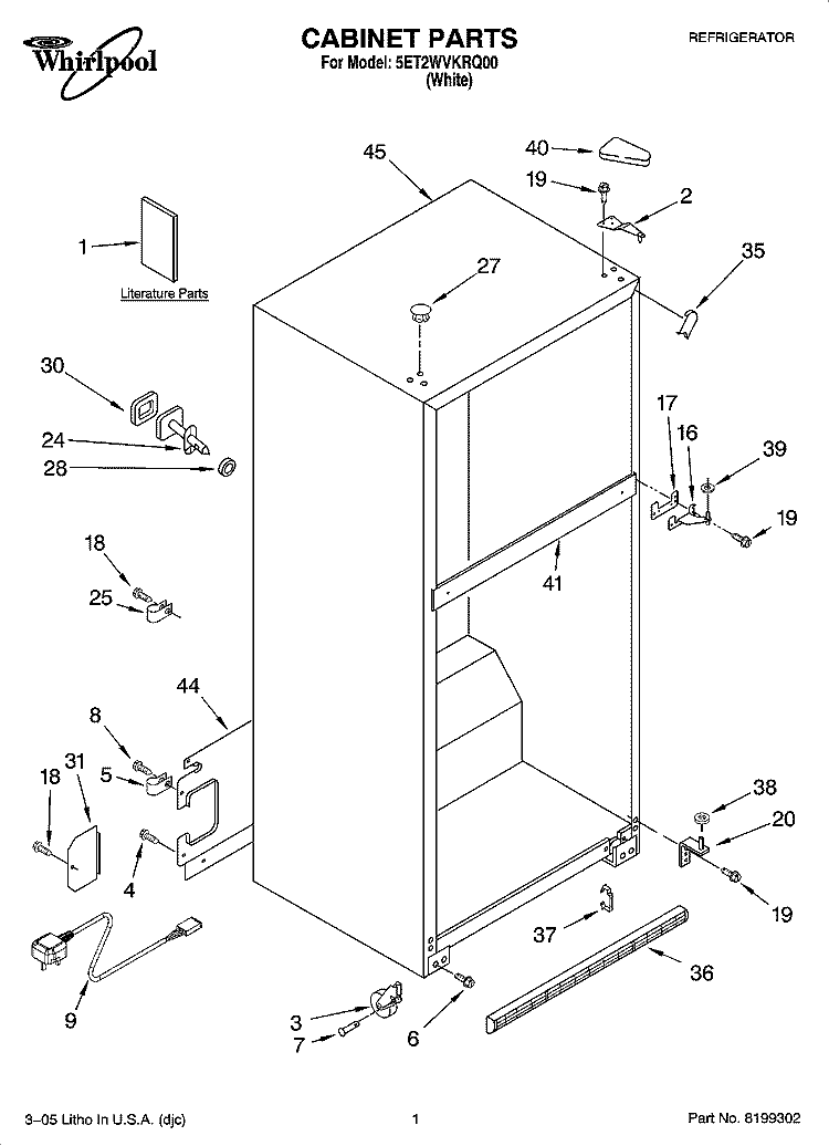 CABINET PARTS Diagram and Parts List for 5ET2WVKRQ00  Whirlpool Refrigerator