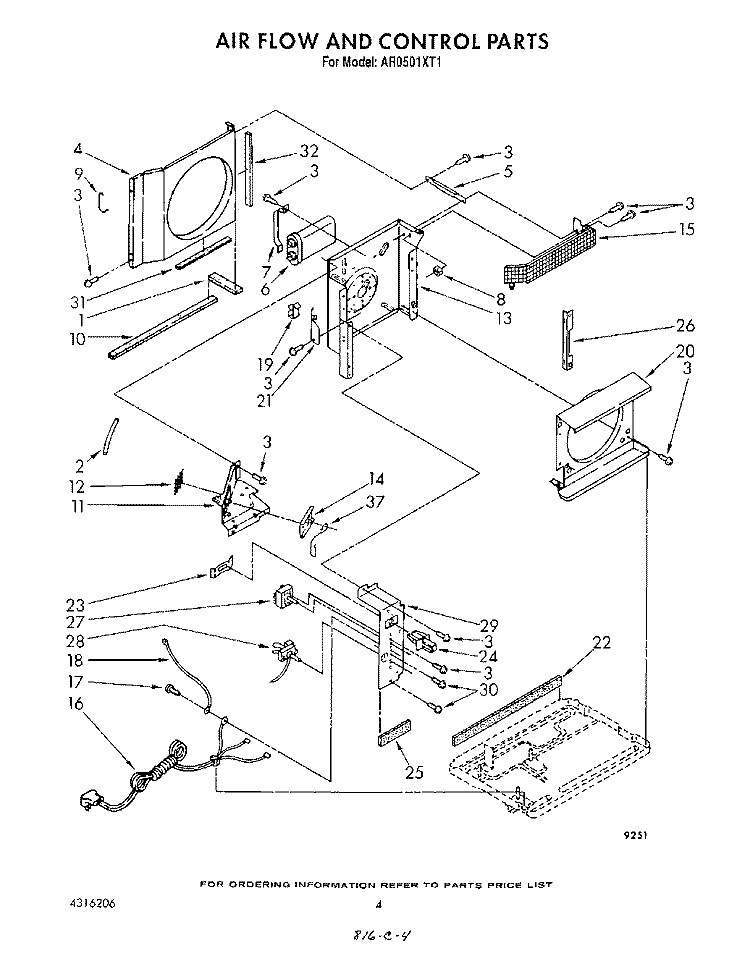 AIR FLOW AND CONTROL Diagram and Parts List for AR0501XT1  Whirlpool Air Conditioner