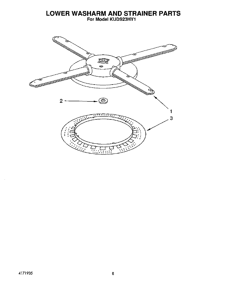 LOWER WASHARM AND STRAINER Diagram and Parts List for KUDS23HY1  KitchenAid Dishwasher