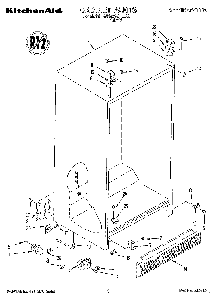 CABINET Diagram and Parts List for KSRS25QFBL00  KitchenAid Refrigerator