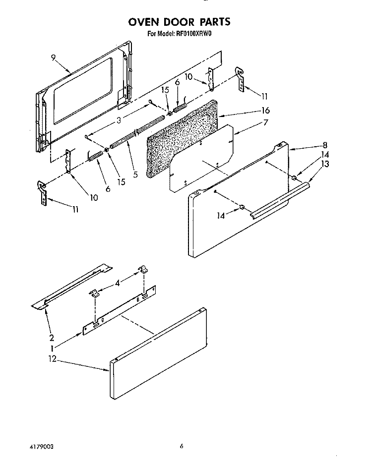 OVEN DOOR Diagram and Parts List for RF0100XRW0  Whirlpool Range