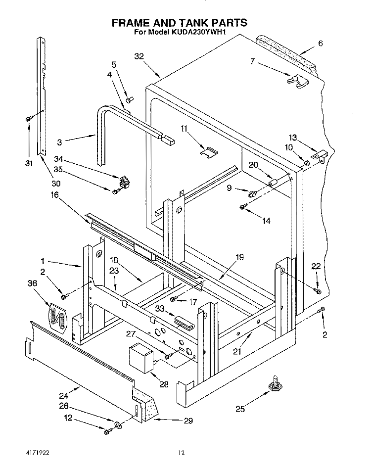 FRAME AND TANK Diagram and Parts List for KUDA230YWH1  KitchenAid Dishwasher