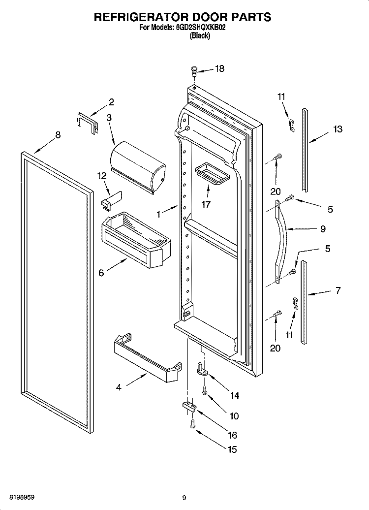 REFRIGERATOR DOOR PARTS Diagram and Parts List for 6GD2SHQXKB02  Whirlpool Refrigerator